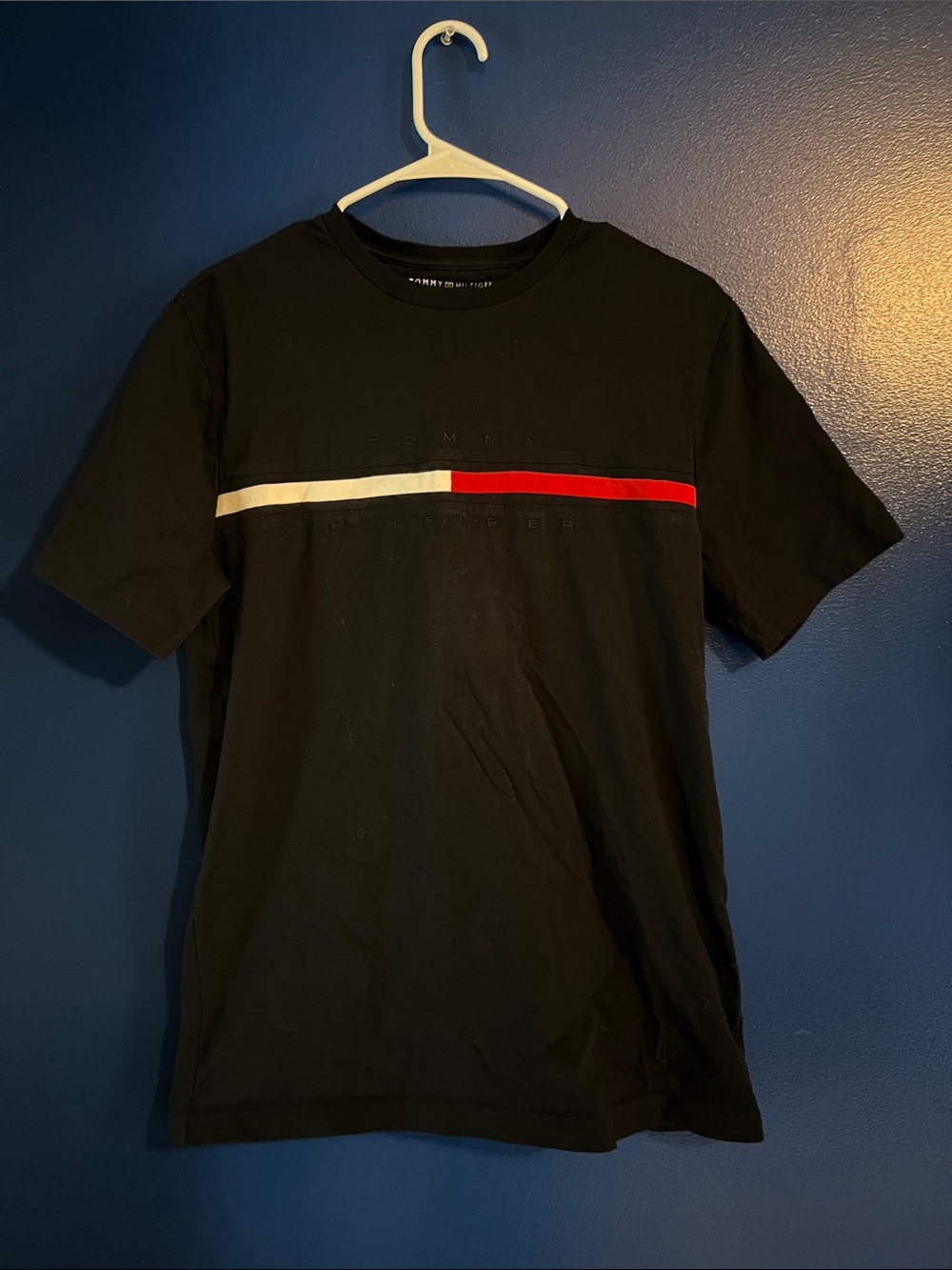 Tommy Hilfiger Black Short-Sleeve Tee with White and Red Chest Stripe